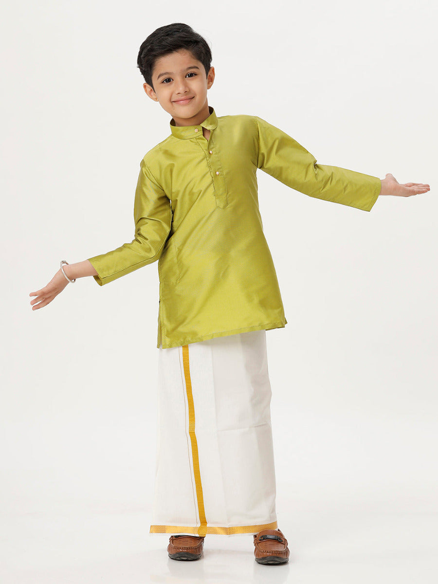 Boys Silk Cotton Full Sleeves Parrot Green Kurta with Gold Jari Dhoti Combo-Front view