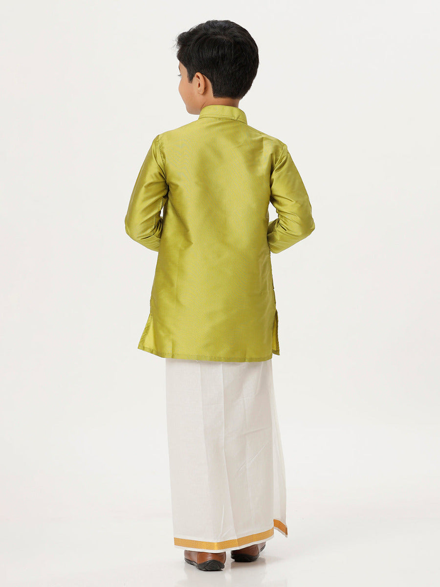 Boys Silk Cotton Full Sleeves Parrot Green Kurta with Gold Jari Dhoti Combo-Back view