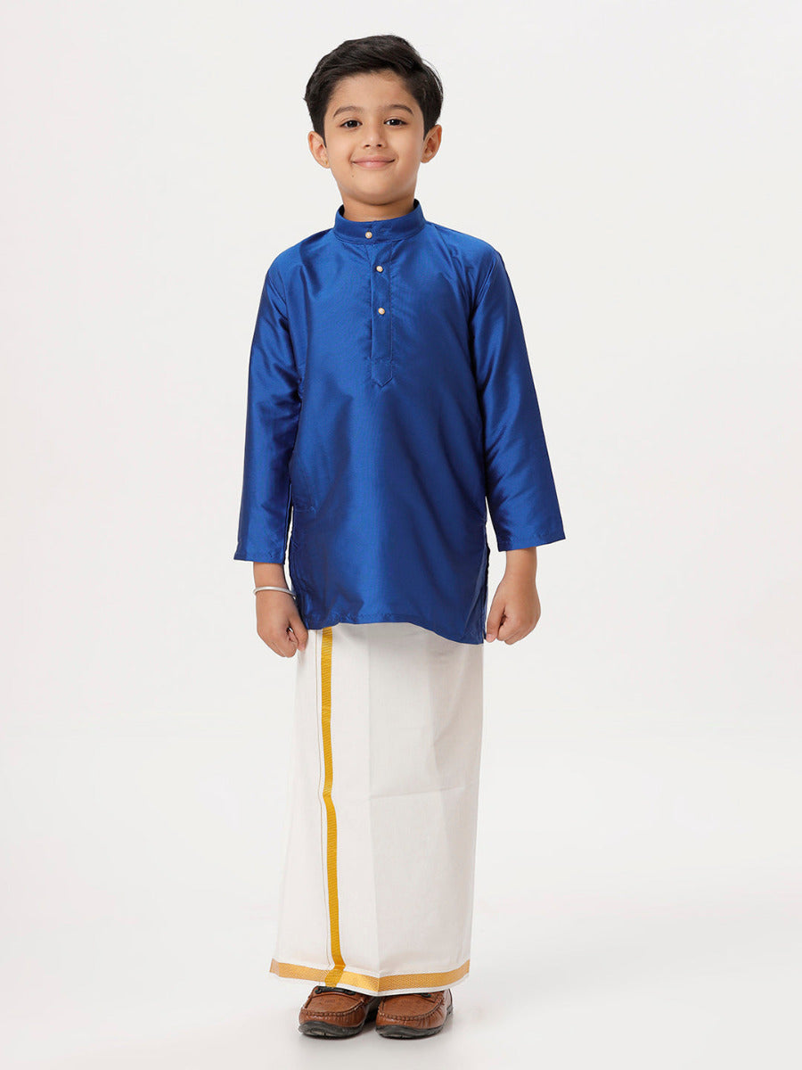 Boys Silk Cotton Full Sleeves Royal Blue Kurta with Gold Jari Dhoti Combo-Front view