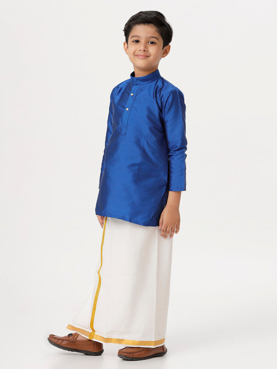Boys Silk Cotton Full Sleeves Royal Blue Kurta with Gold Jari Dhoti Combo-Side view