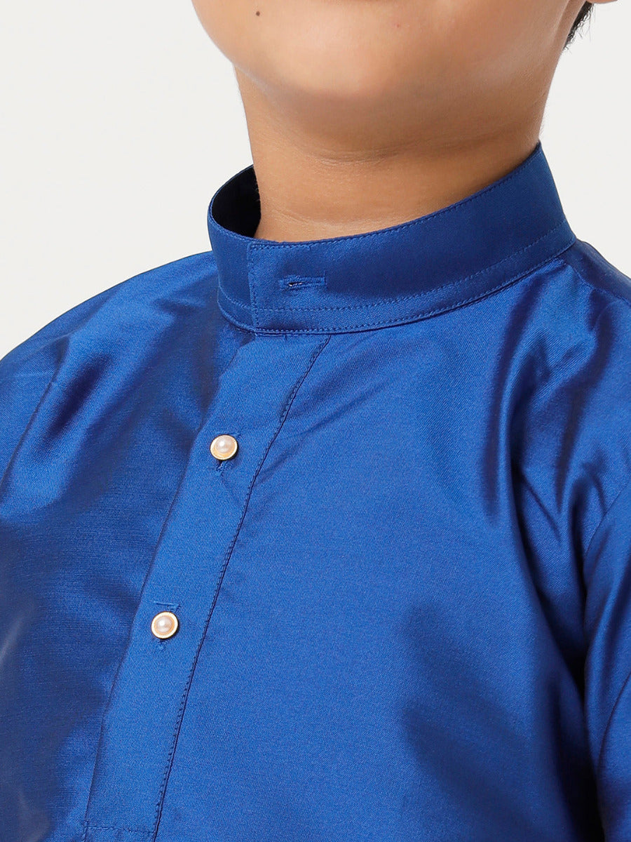 Boys Silk Cotton Full Sleeves Royal Blue Kurta with Gold Jari Dhoti Combo-Zoom view