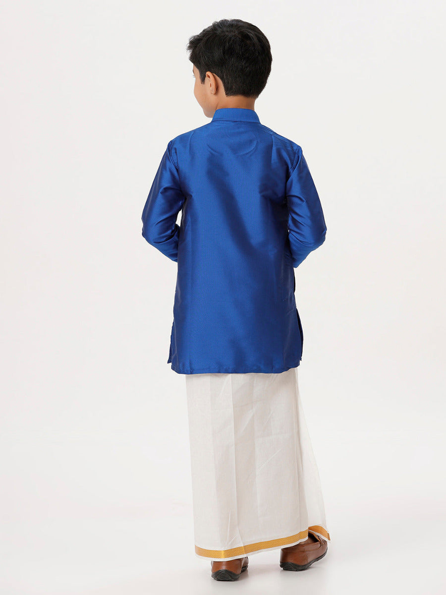 Boys Silk Cotton Full Sleeves Royal Blue Kurta with Gold Jari Dhoti Combo-Back view