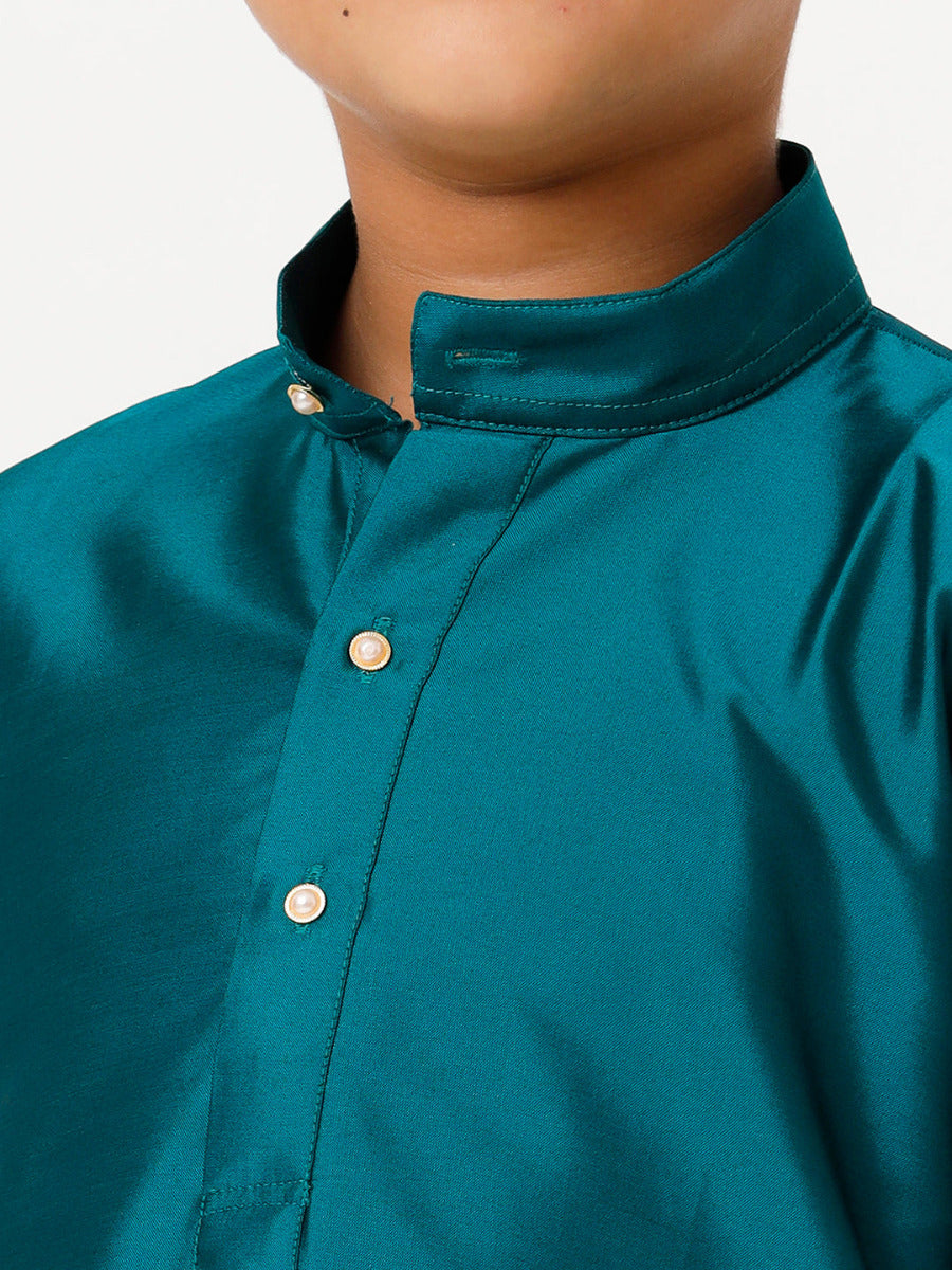 Boys Silk Cotton Full Sleeves Dark Green Kurta with Gold Jari Dhoti Combo-Zoom view