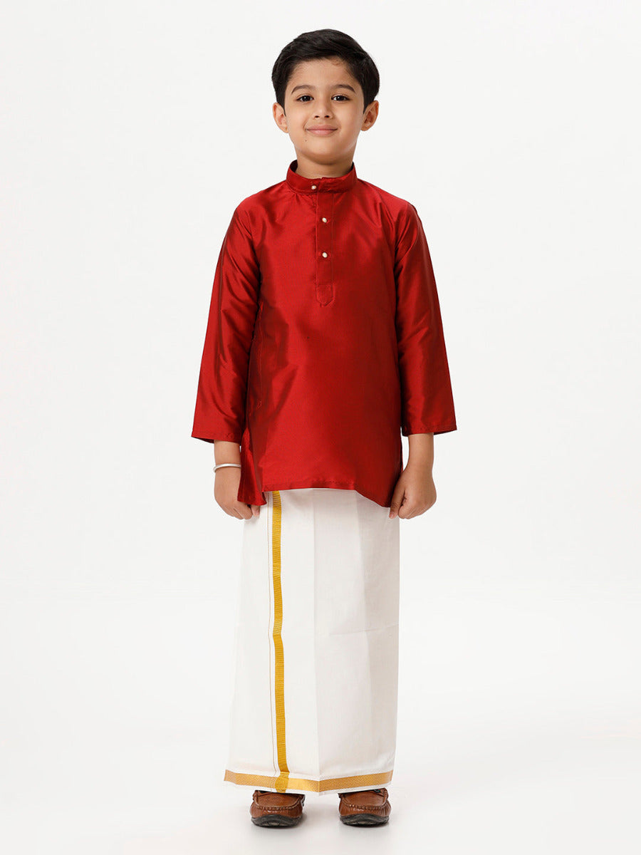 Boys Silk Cotton Full Sleeves Red Kurta with Gold Jari Dhoti Combo