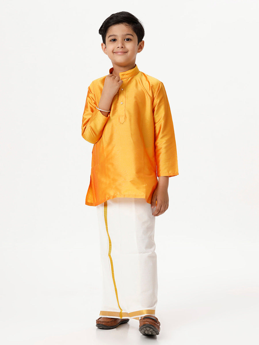 Boys Silk Cotton Full Sleeves Golden Yellow Kurta with Gold Jari Dhoti Combo
