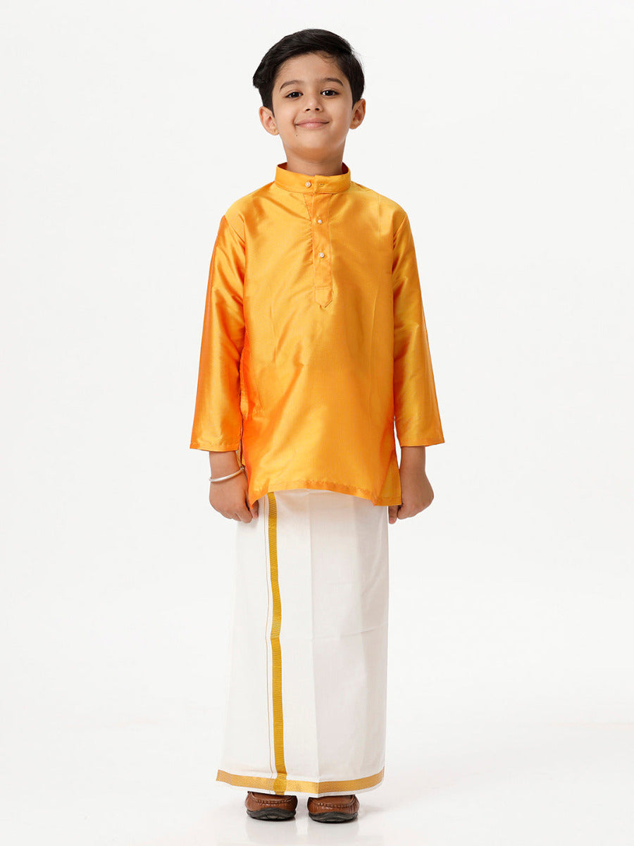 Boys Silk Cotton Full Sleeves Golden Yellow Kurta with Gold Jari Dhoti Combo-Full alternative view