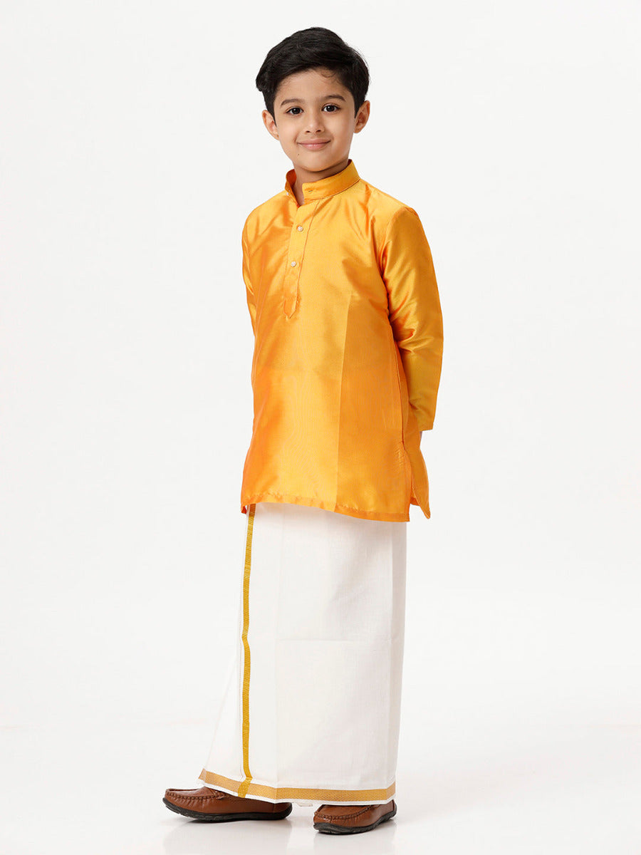 Boys Silk Cotton Full Sleeves Golden Yellow Kurta with Gold Jari Dhoti Combo-Full view