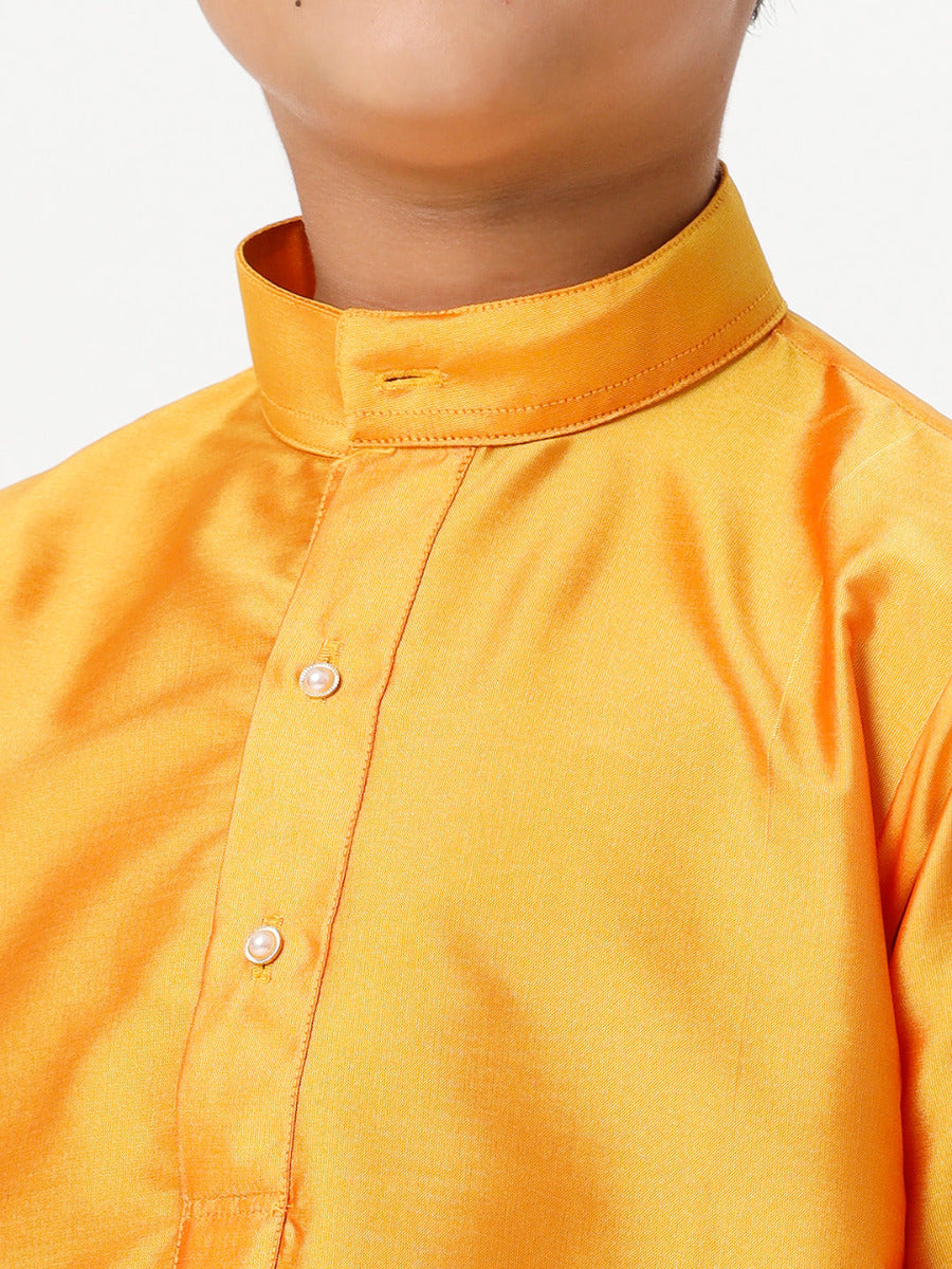 Boys Silk Cotton Full Sleeves Golden Yellow Kurta with Gold Jari Dhoti Combo-Zoom view
