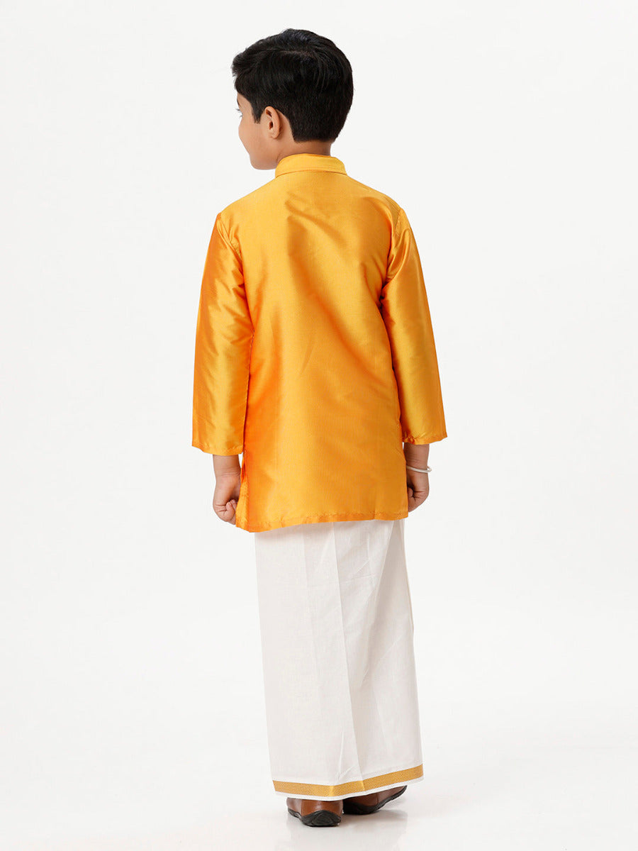 Boys Silk Cotton Full Sleeves Golden Yellow Kurta with Gold Jari Dhoti Combo-Back view