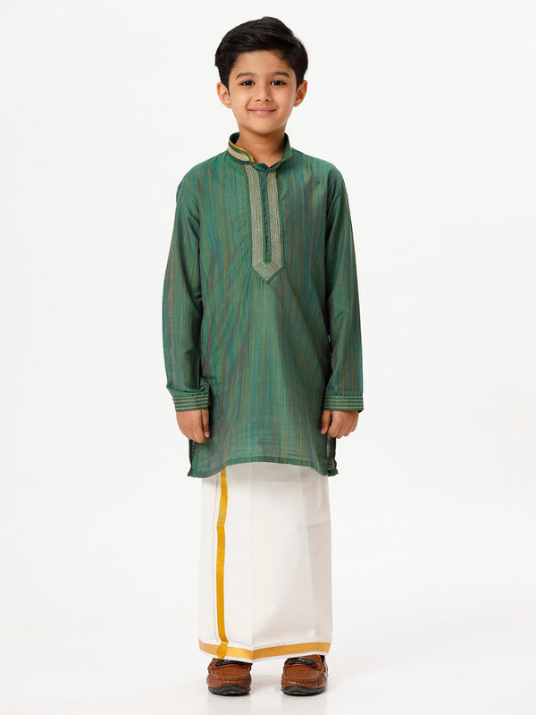 Boys Cotton Embellished Neckline Full Sleeves Dark Green Kurta with Dhoti Combo