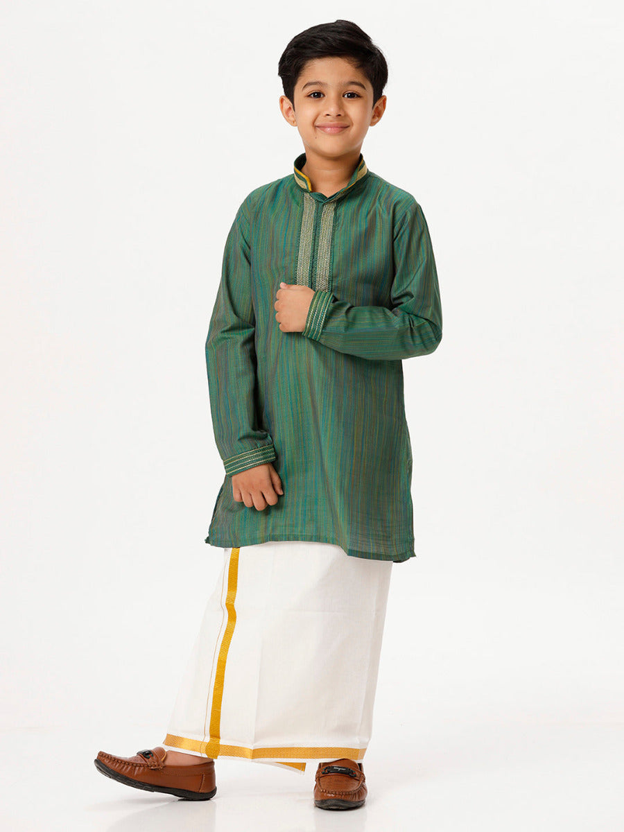 Boys Cotton Embellished Neckline Full Sleeves Dark Green Kurta with Dhoti Combo-Front view