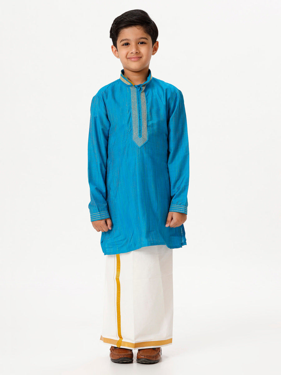 Boys Cotton Embellished Neckline Full Sleeves Sky Blue Kurta with Dhori Combo