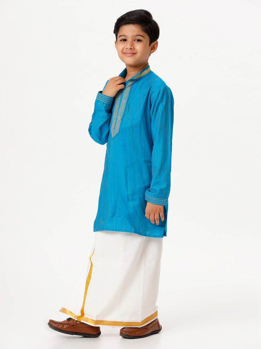 Boys Cotton Embellished Neckline Full Sleeves Sky Blue Kurta with Dhori Combo-Side view
