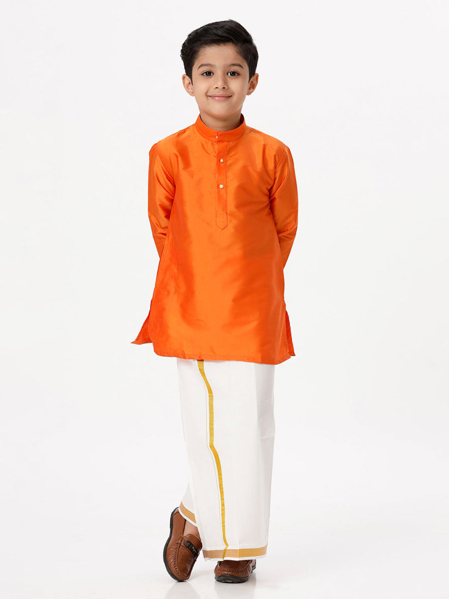 Boys Silk Cotton Full Sleeves Orange Kurta with Gold Jari Dhoti Combo-Full view
