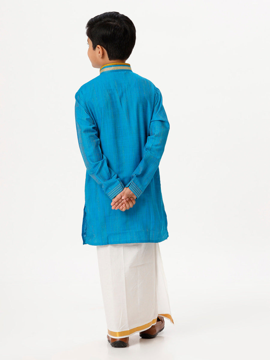 Boys Cotton Embellished Neckline Full Sleeves Sky Blue Kurta with Dhori Combo-Back view
