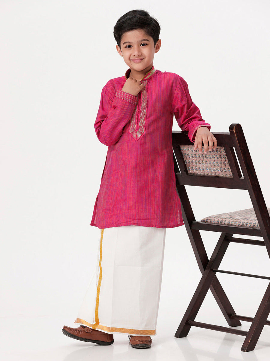 Boys Cotton Embellished Neckline Full Sleeves Dark Pink Kurta with Dhori Combo-Full view