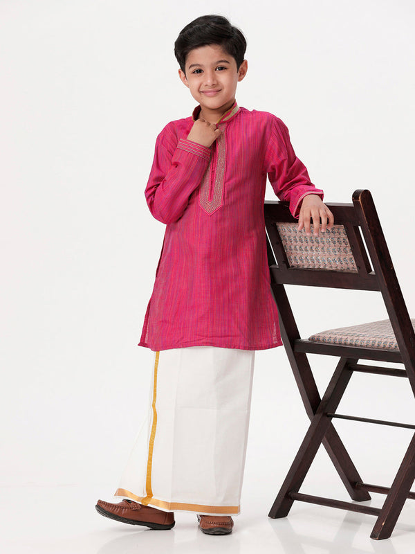Boys Cotton Embellished Neckline Full Sleeves Dark Pink Kurta with Dhori Combo