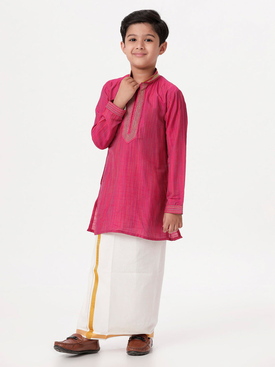 Boys Cotton Embellished Neckline Full Sleeves Dark Pink Kurta with Dhori Combo-Side iew
