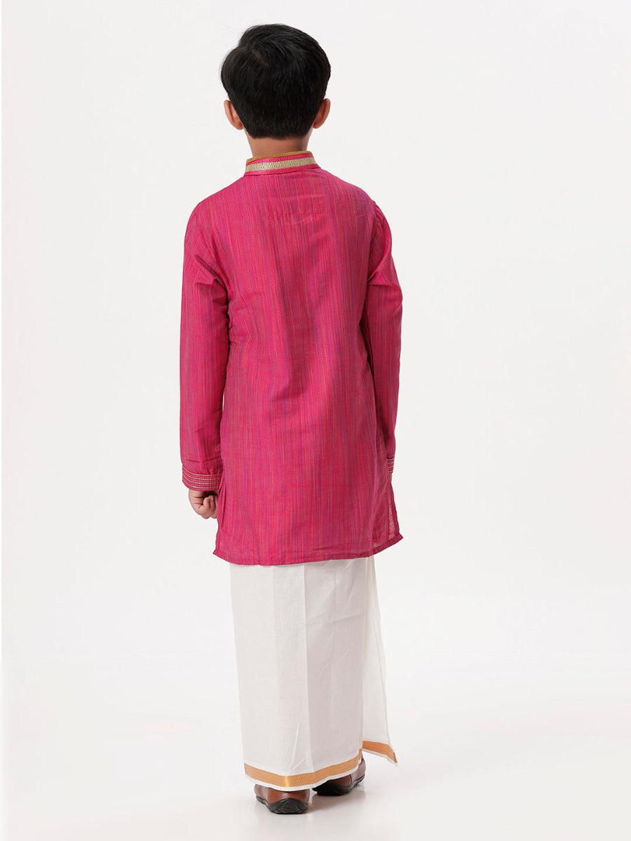 Boys Cotton Embellished Neckline Full Sleeves Dark Pink Kurta with Dhori Combo-Back view