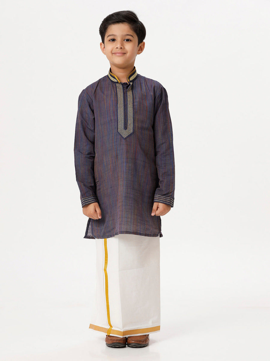 Boys Cotton Embellished Neckline Full Sleeves Navy Blue Kurta with Dhoti Combo