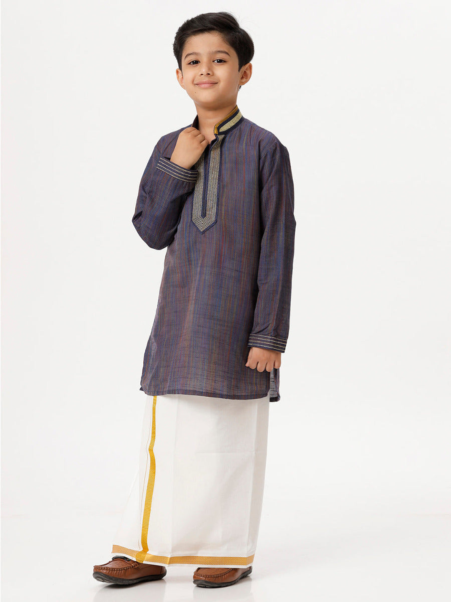 Boys Cotton Embellished Neckline Full Sleeves Navy Blue Kurta with Dhoti Combo-Side view
