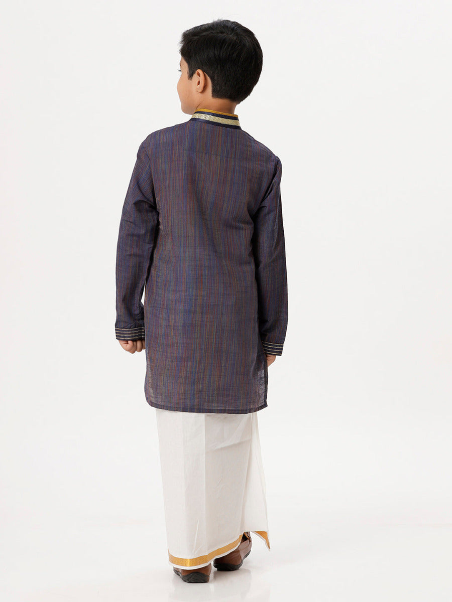 Boys Cotton Embellished Neckline Full Sleeves Navy Blue Kurta with Dhoti Combo-Back view