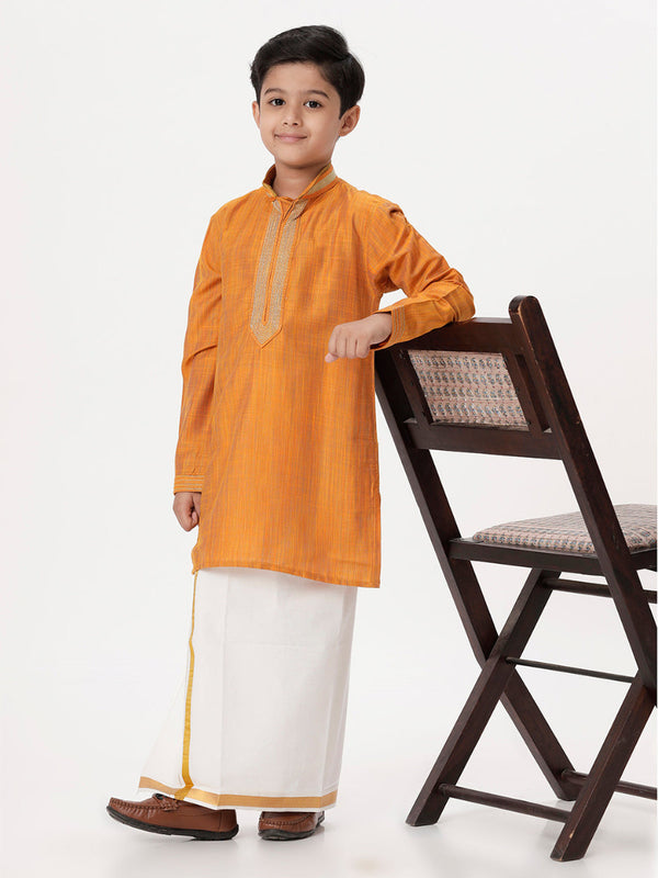 Boys Cotton Embellished Neckline Full Sleeves Orange Kurta with Dhori Combo