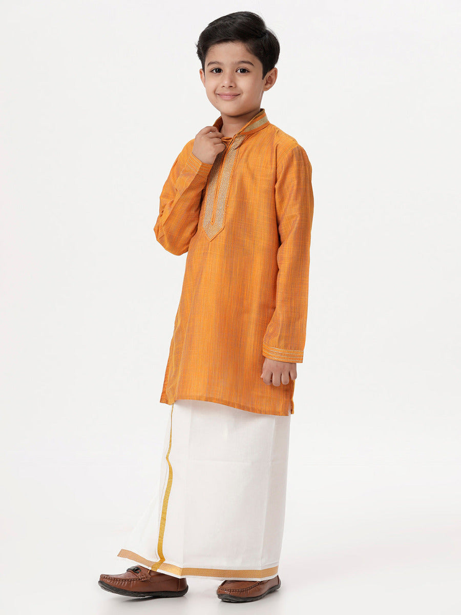 Boys Cotton Embellished Neckline Full Sleeves Orange Kurta with Dhori Combo-Side view