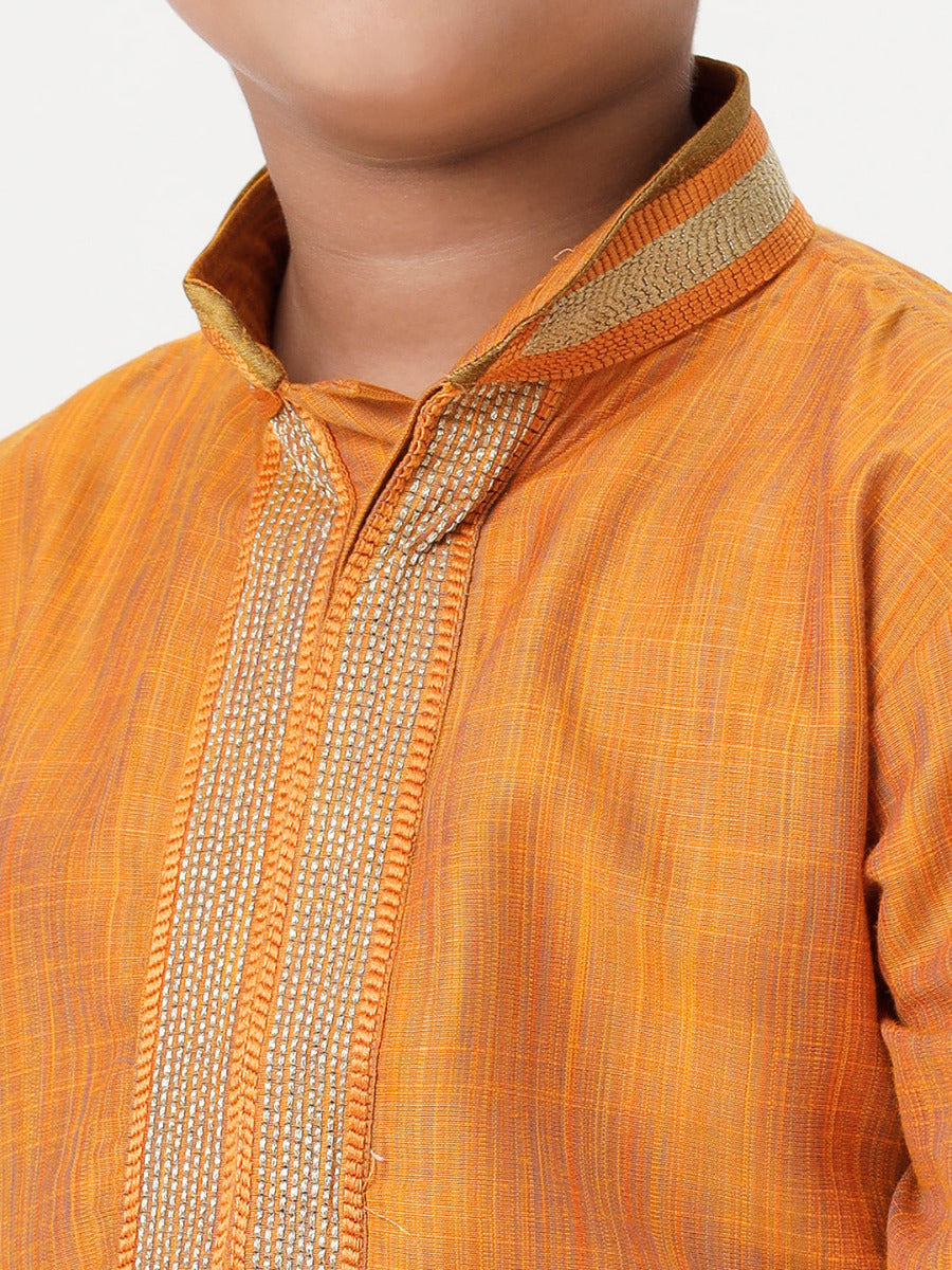 Boys Cotton Embellished Neckline Full Sleeves Orange Kurta with Dhori Combo-Zoom view
