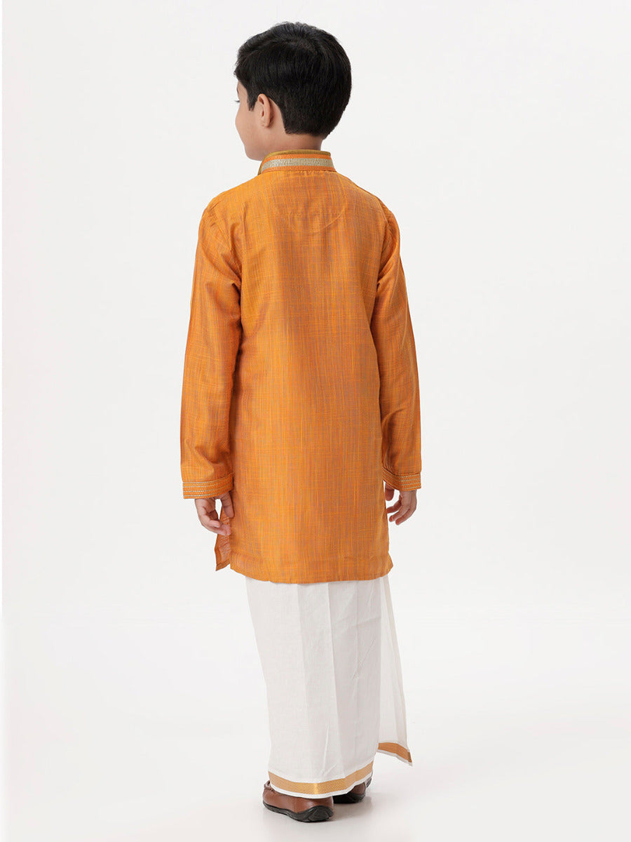 Boys Cotton Embellished Neckline Full Sleeves Orange Kurta with Dhori Combo-Back view