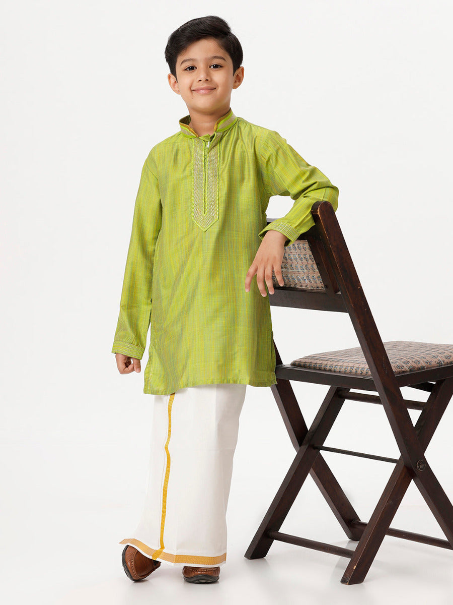 Boys Cotton Embellished Neckline Full Sleeves Parrot Green Kurta with Dhoti Combo