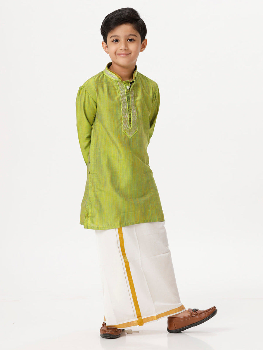 Boys Cotton Embellished Neckline Full Sleeves Parrot Green Kurta with Dhoti Combo-Front view view