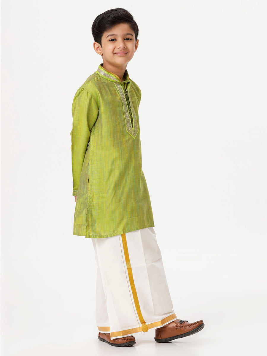Boys Cotton Embellished Neckline Full Sleeves Parrot Green Kurta with Dhoti Combo-side view