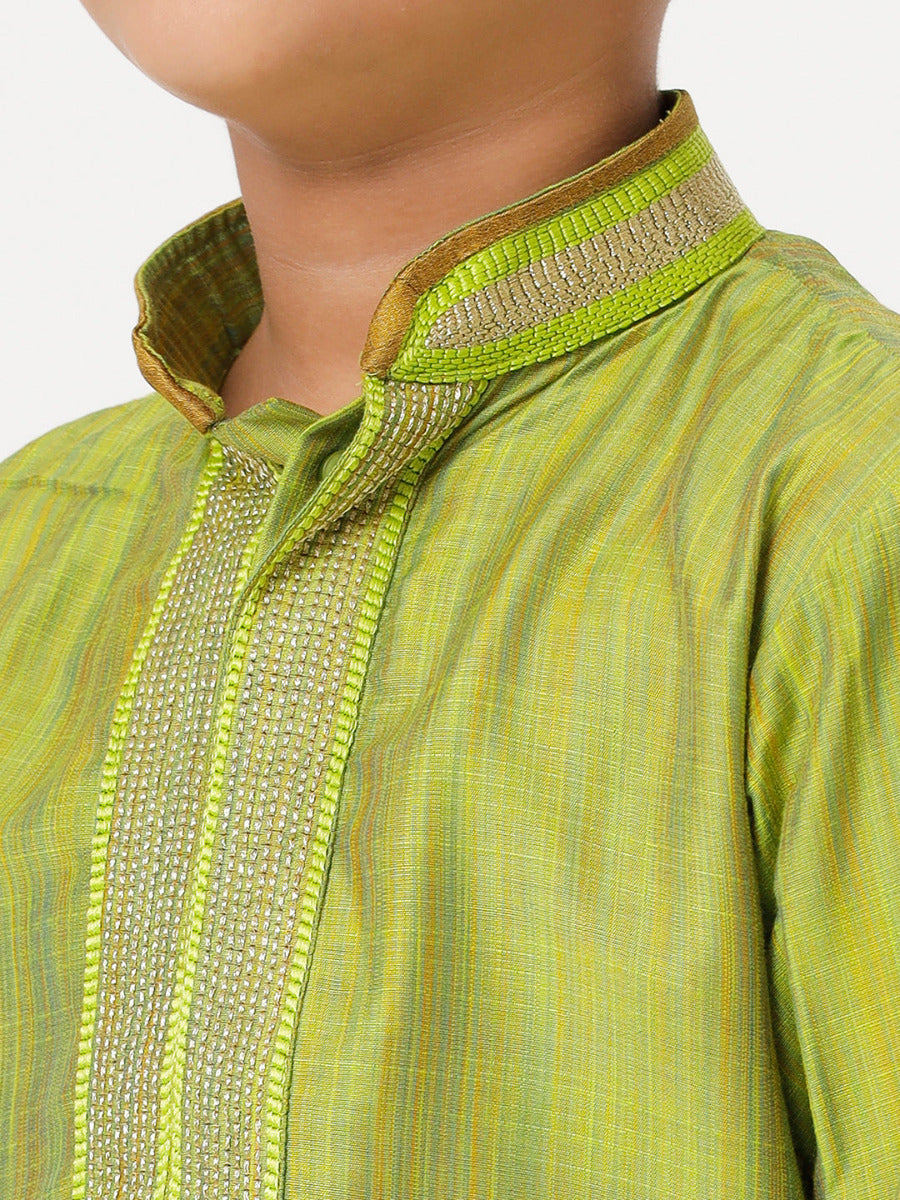 Boys Cotton Embellished Neckline Full Sleeves Parrot Green Kurta with Dhoti Combo-Zoom view