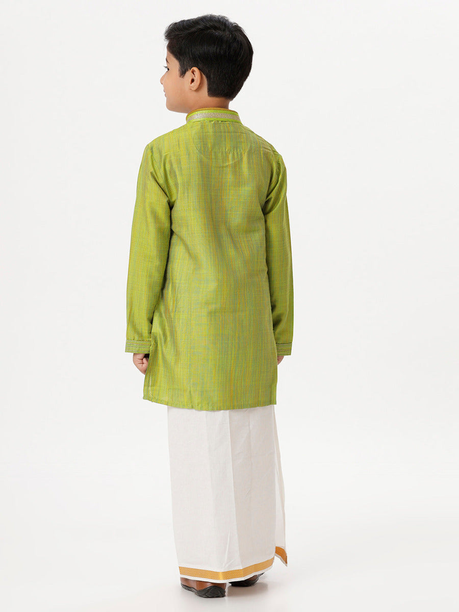 Boys Cotton Embellished Neckline Full Sleeves Parrot Green Kurta with Dhoti Combo-Back view