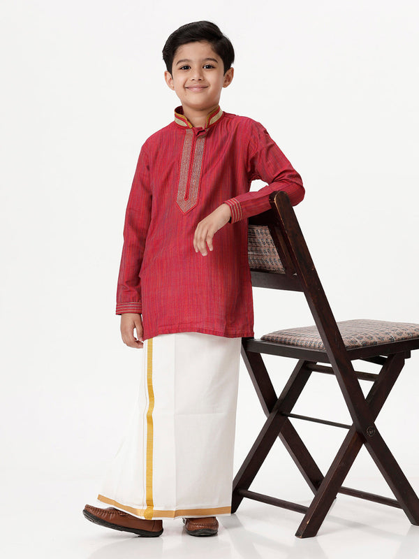 Boys Cotton Embellished Neckline Full Sleeves Red Kurta with Dhori Combo