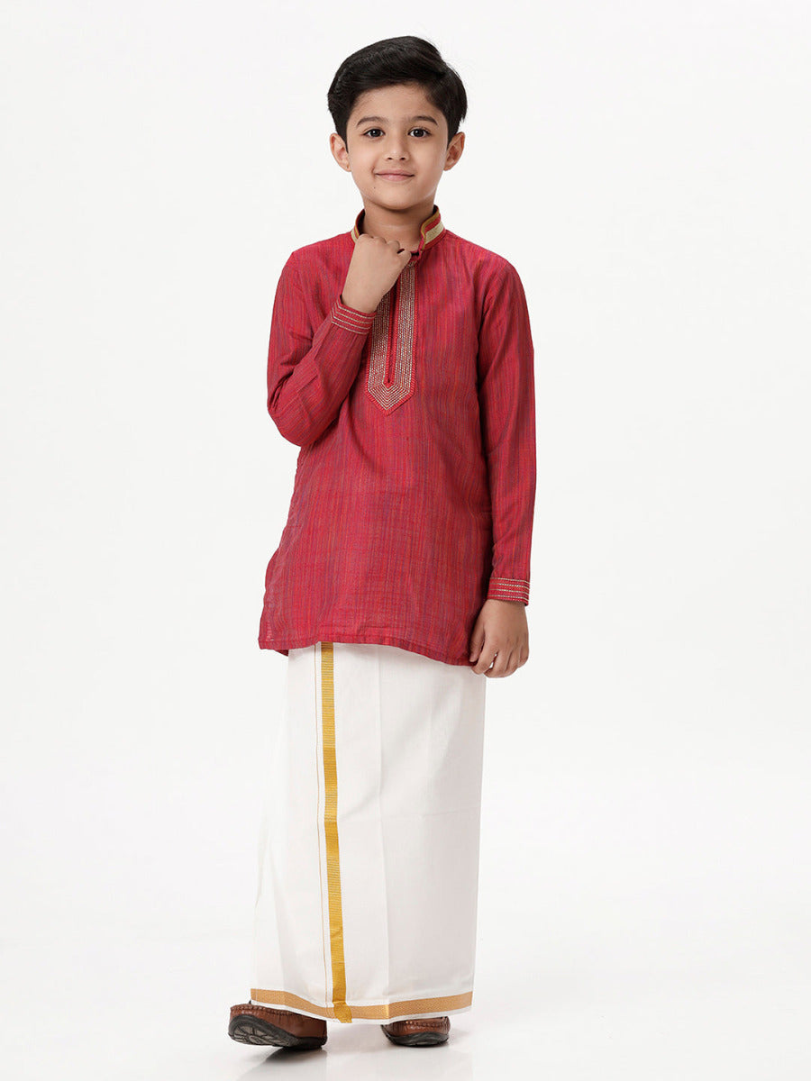 Boys Cotton Embellished Neckline Full Sleeves Red Kurta with Dhori Combo-Full view