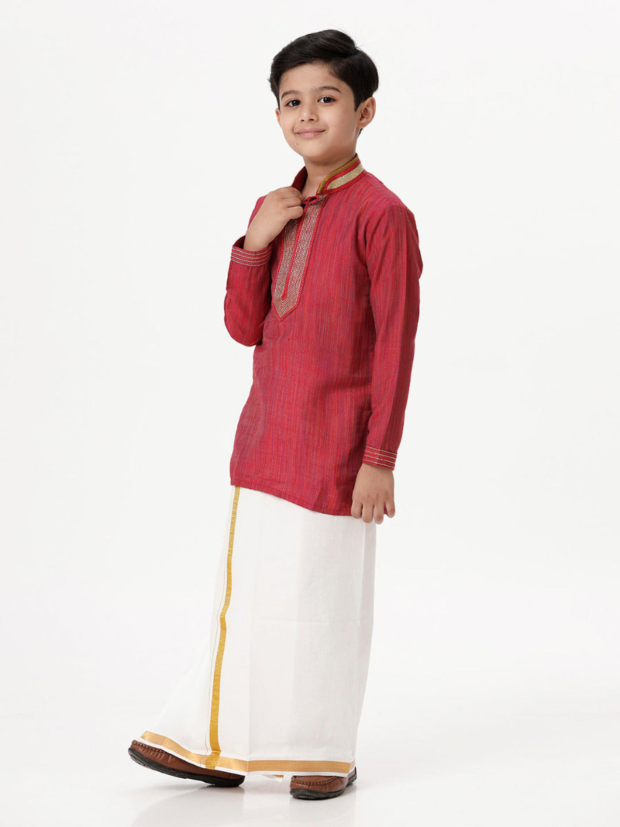 Boys Cotton Embellished Neckline Full Sleeves Red Kurta with Dhori Combo-Side view