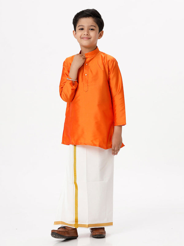 Boys Silk Cotton Full Sleeves Orange Kurta with Gold Jari Dhoti Combo
