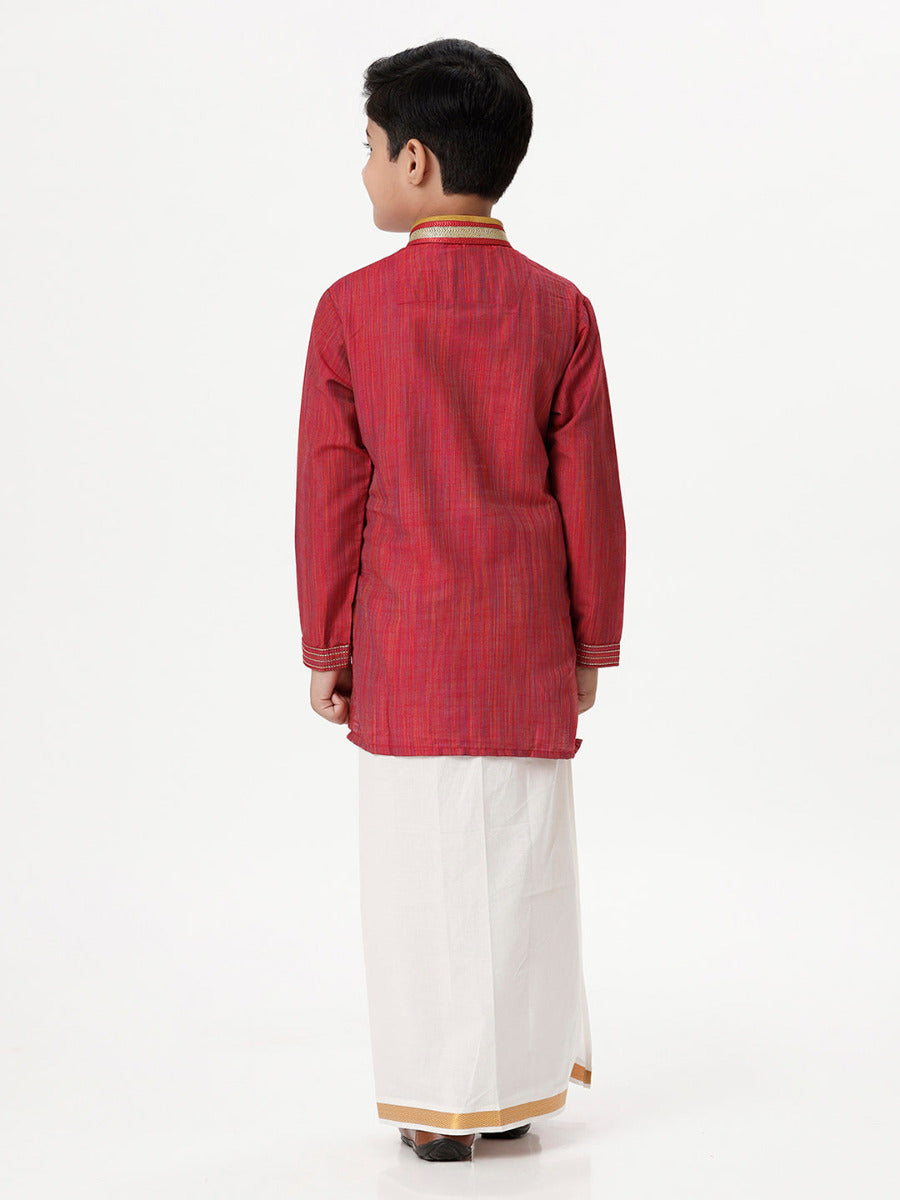 Boys Cotton Embellished Neckline Full Sleeves Red Kurta with Dhori Combo-Back view