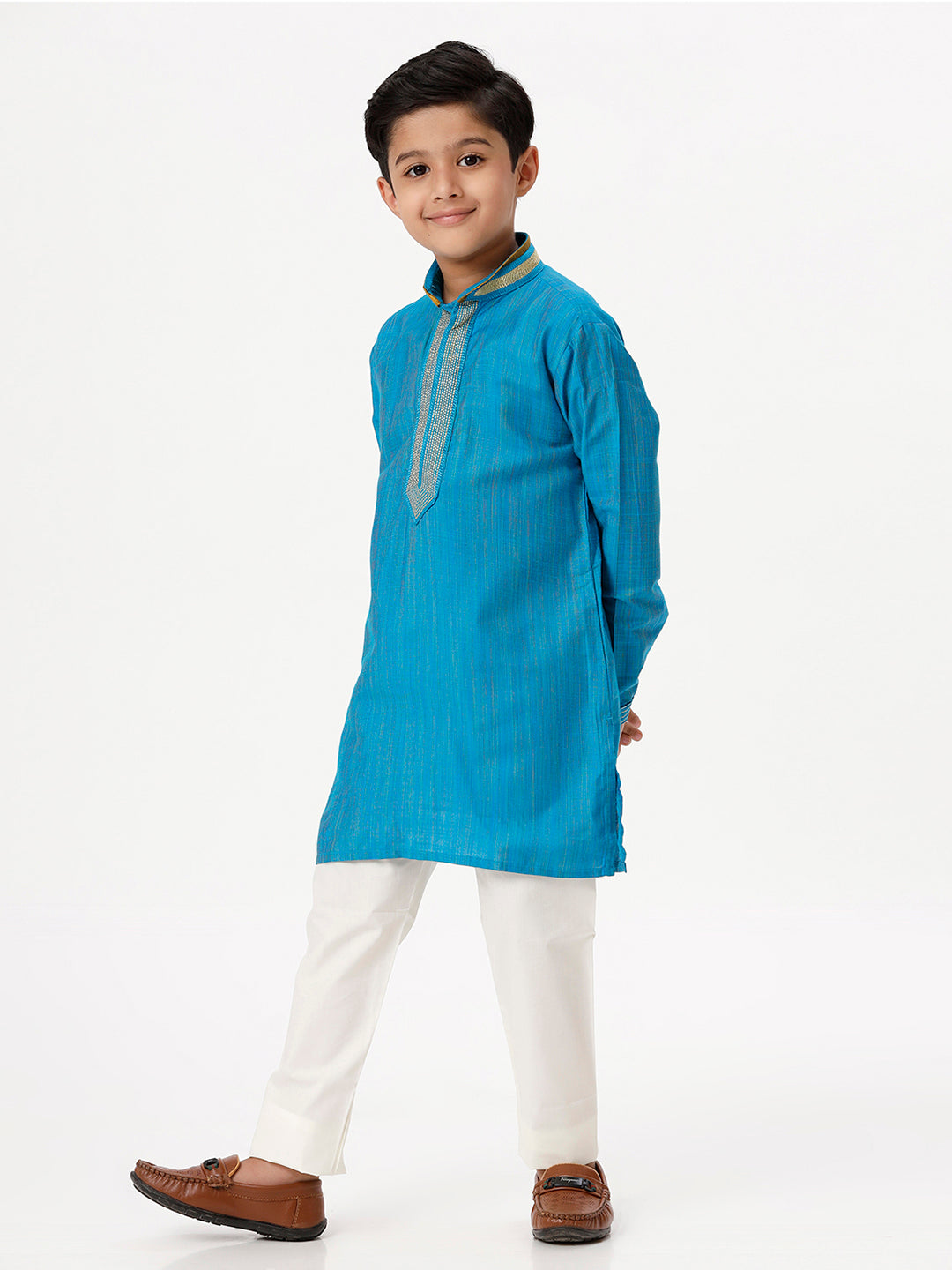 Boys Cotton Embellished Neckline Full Sleeves Sky Blue Kurta with Pyjama Pant Combo EMD2-side view