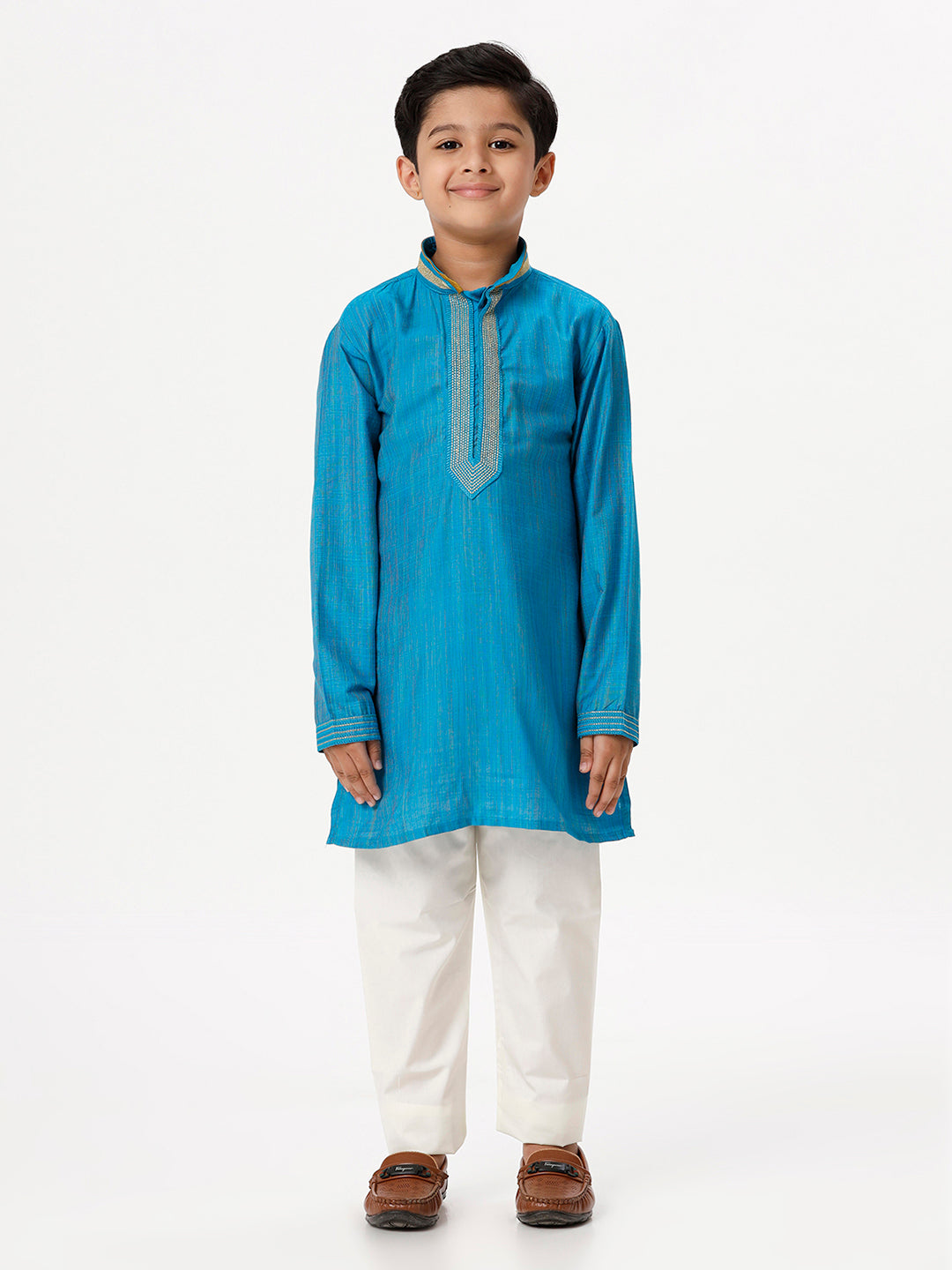 Boys Cotton Embellished Neckline Full Sleeves Sky Blue Kurta with Pyjama Pant Combo EMD2