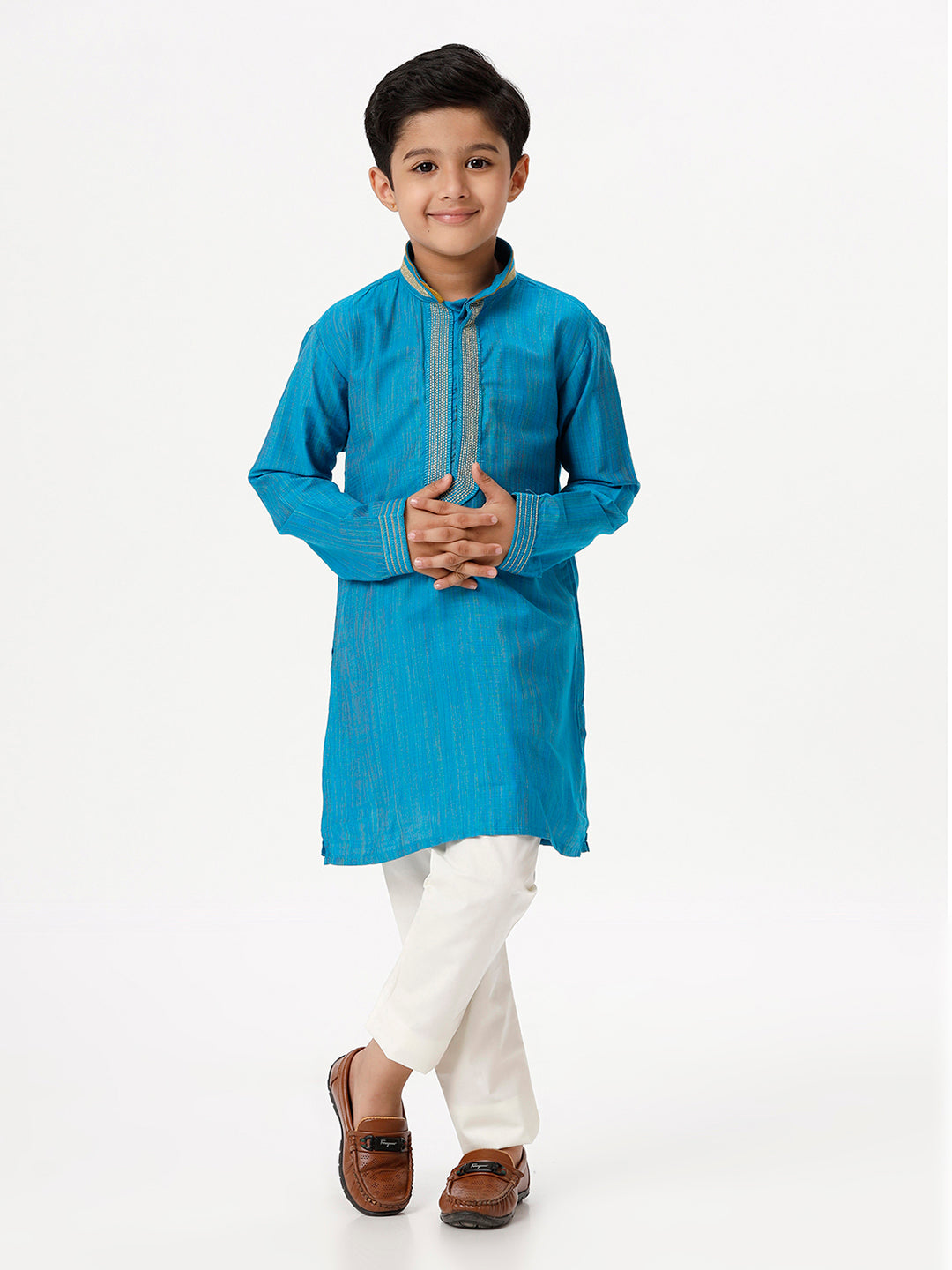Boys Cotton Embellished Neckline Full Sleeves Sky Blue Kurta with Pyjama Pant Combo EMD2-Front view