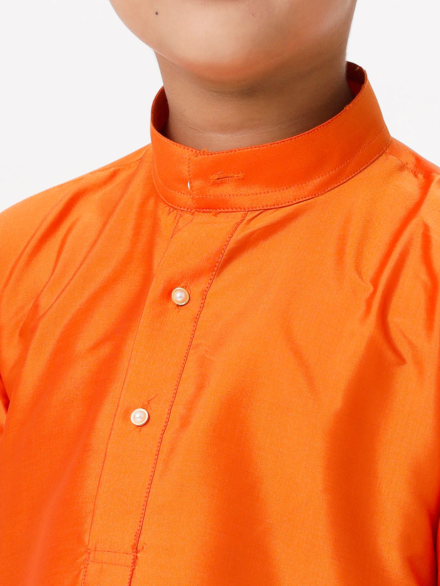 Boys Silk Cotton Full Sleeves Orange Kurta with Gold Jari Dhoti Combo-Zoom view