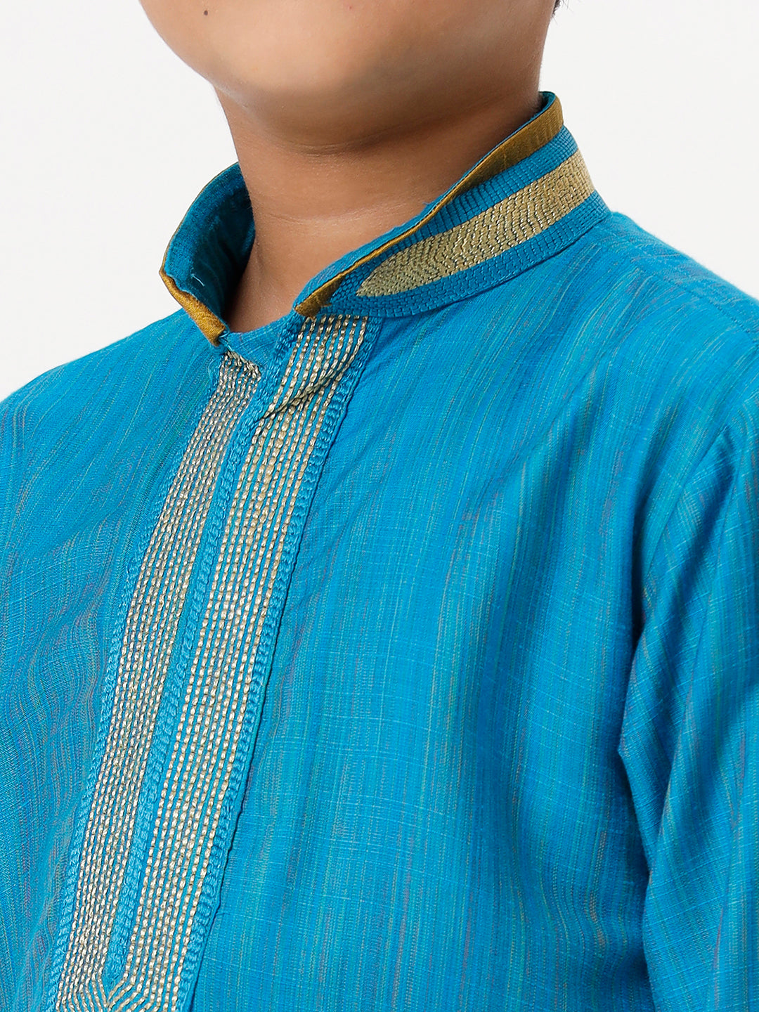 Boys Cotton Embellished Neckline Full Sleeves Sky Blue Kurta with Pyjama Pant Combo EMD2-Zoom view\