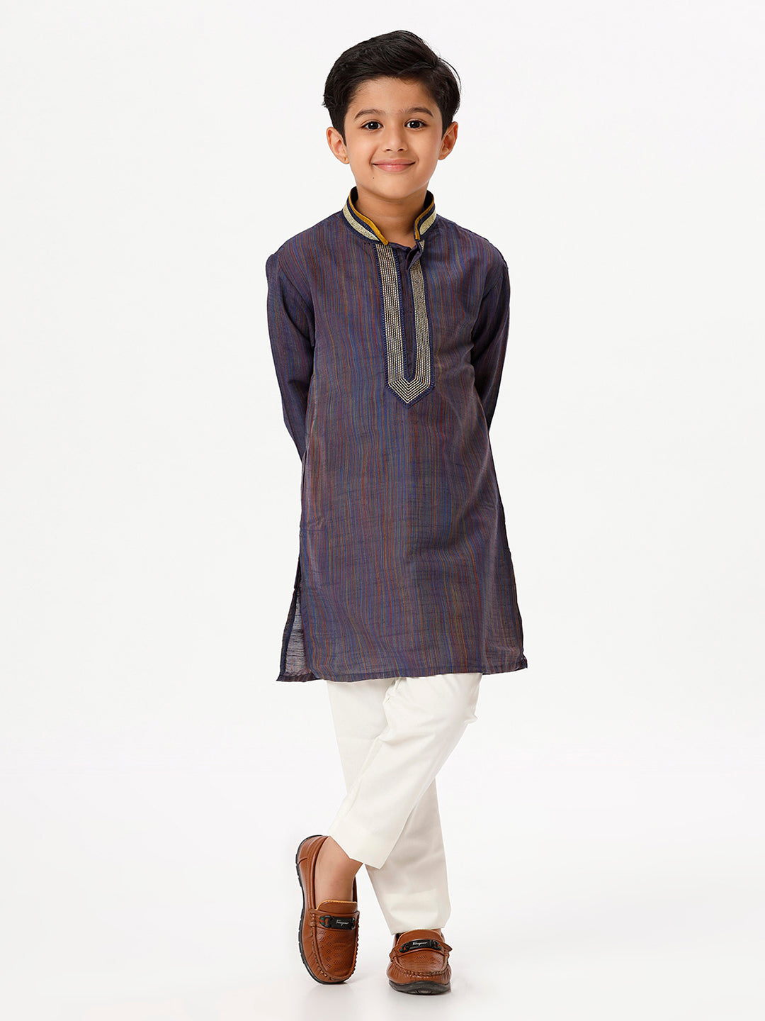 Boys Cotton Embellished Neckline Full Sleeves Navy Kurta with Pyjama Pant Combo EMD6-Front view