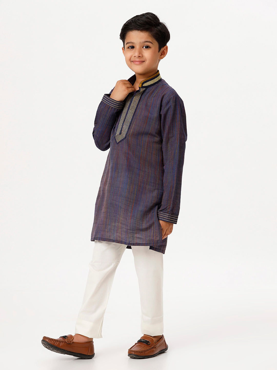 Boys Cotton Embellished Neckline Full Sleeves Navy Kurta with Pyjama Pant Combo EMD6-Side view