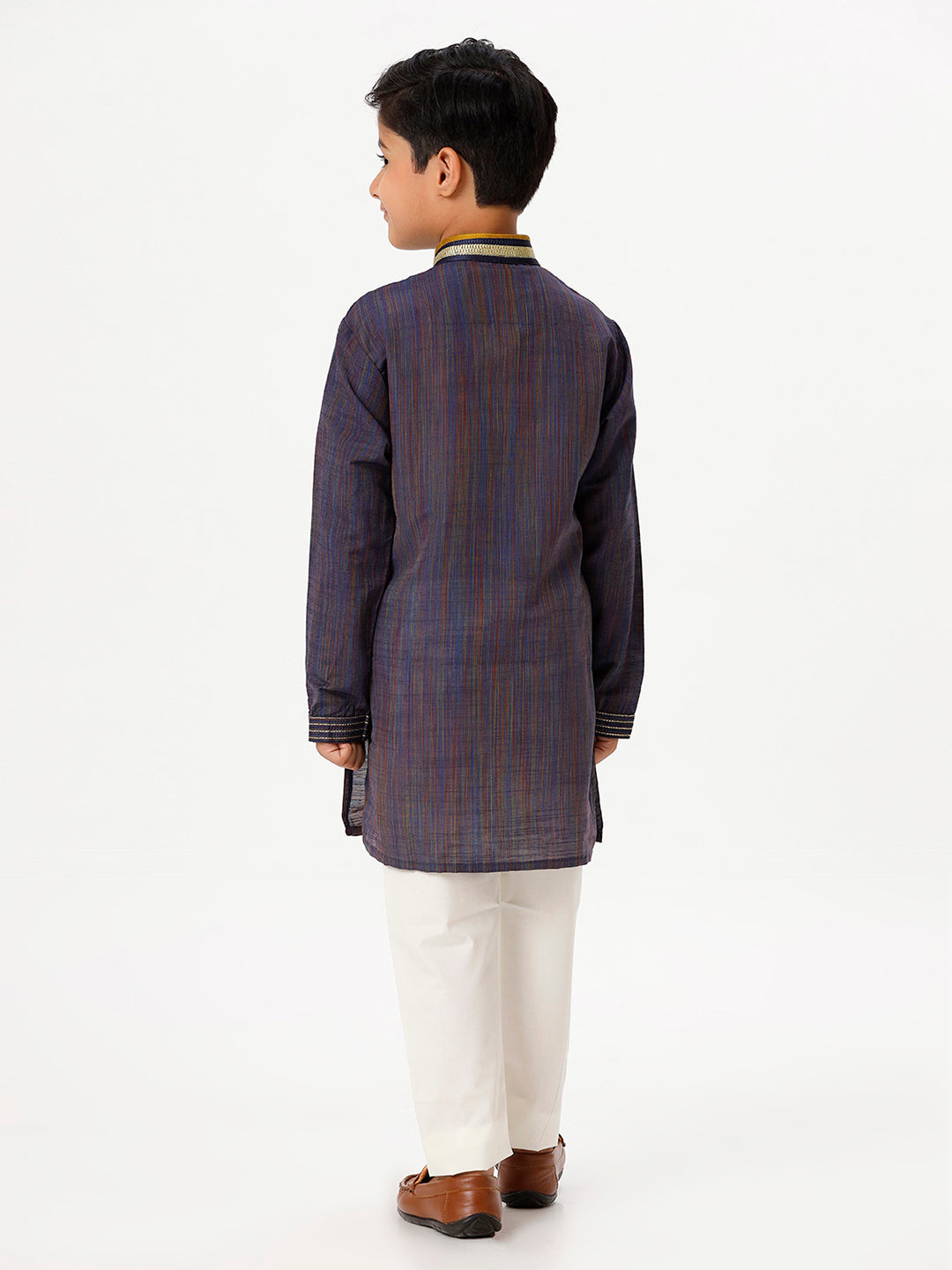 Boys Cotton Embellished Neckline Full Sleeves Navy Kurta with Pyjama Pant Combo EMD6-Back view