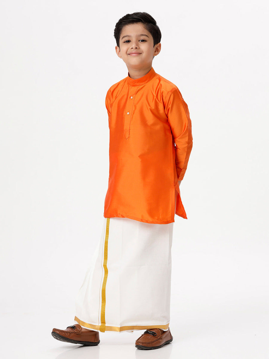 Boys Silk Cotton Full Sleeves Orange Kurta with Gold Jari Dhoti Combo-Front view