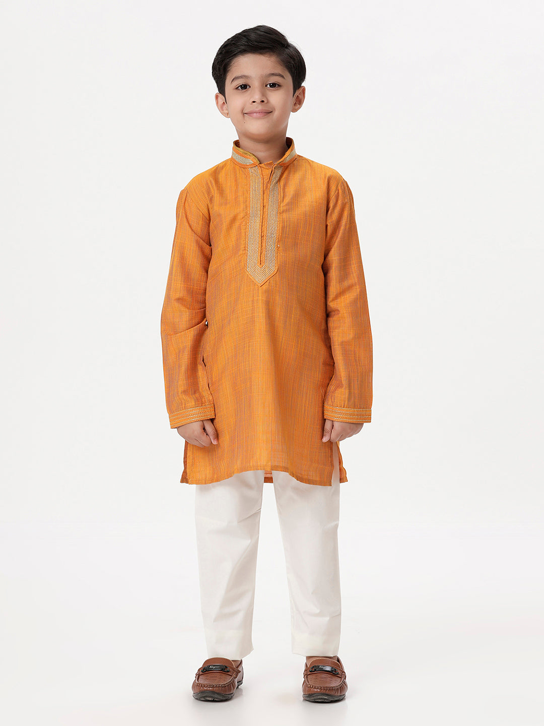 Boys Cotton Embellished Neckline Full Sleeves Orange Kurta with Pyjama Pant Combo EMD3